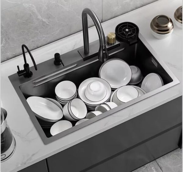 Anti-Scratch Honeycomb Kitchen Sink with Waterfall & Pull-Down Faucet – 24×18×9