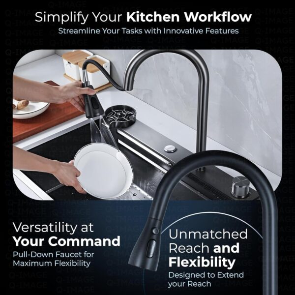 Anti-Scratch Honeycomb Kitchen Sink with Waterfall & Pull-Down Faucet – 24×18×9 - Image 2